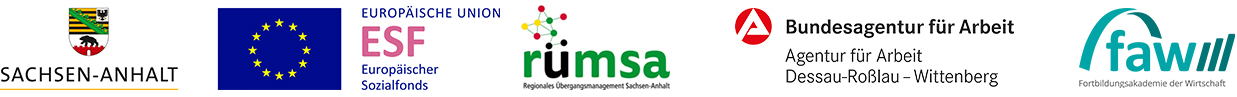 Logos von ESF, RÜMSA, Agentur für Arbeit und FAW